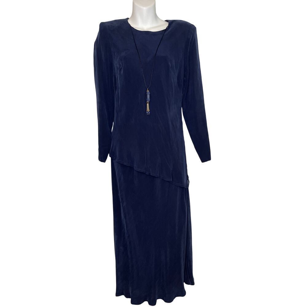 Vintage K Petite Blue Asymmetrical Long Sleeve Top Midi Skirt Set Womens Size 6P